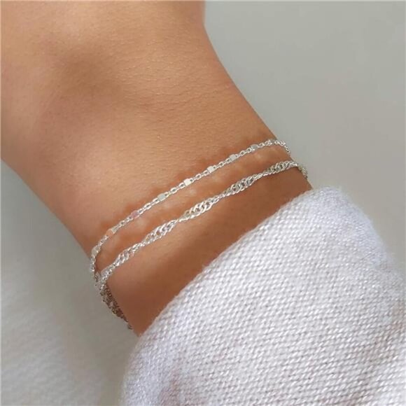 Sterling Silver Double Strand Bracelet Women Satellite Twirl Chain Waterproof - Picture 2 of 9